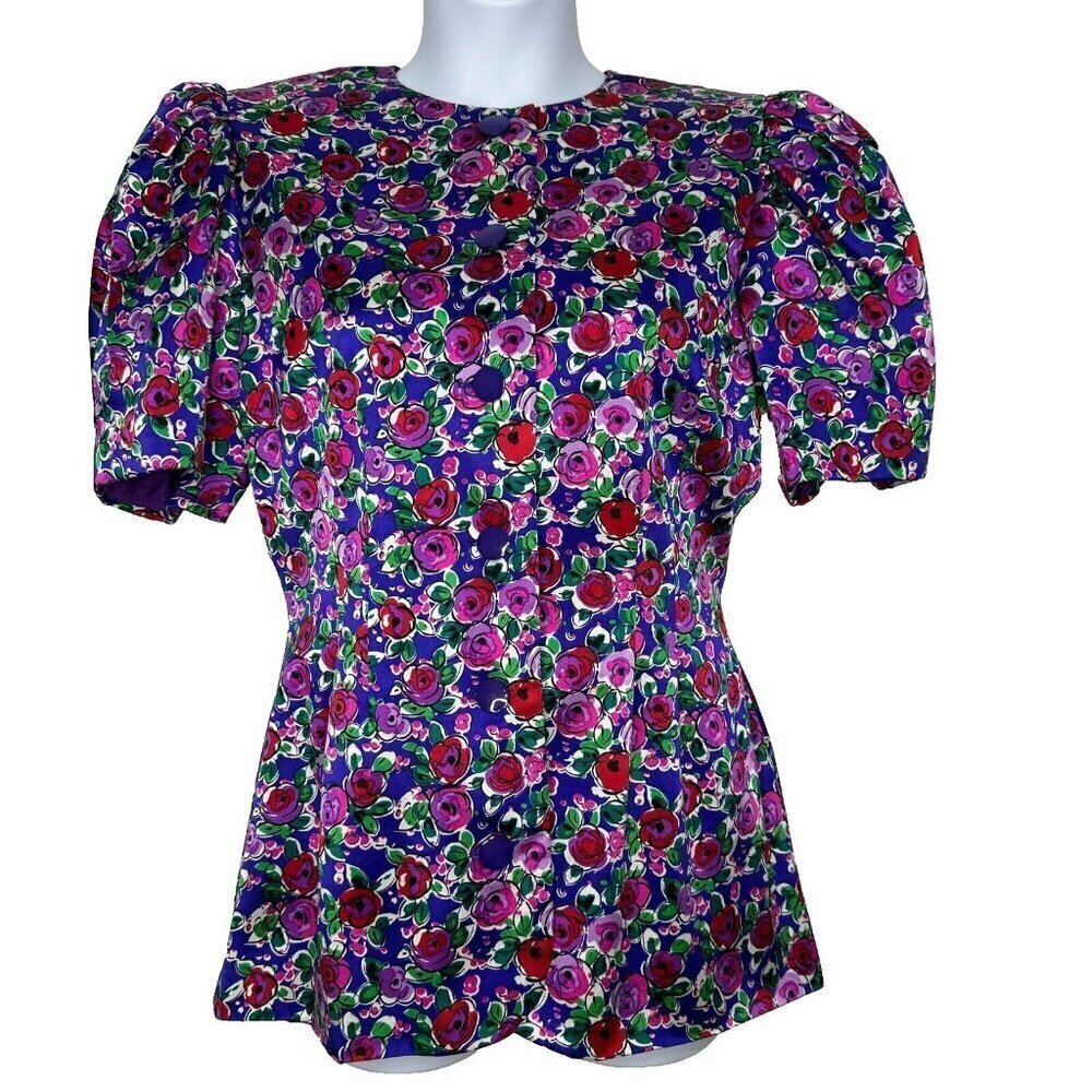 Vintage Nipon Boutique Silk Blouse Size 14‎ Floral Button Front Elegant